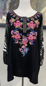 Calissa Tunic Top Womans 2X Embroidered Floral Black Whimsigoth Boho Art 2 Wear - Picture 1 of 20