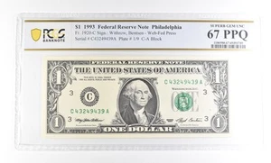 1993 $1 Philadelphia PA FRN Fr#1920-C Superb Gem Unc 67 PPQ PCGS *2911 - Picture 1 of 3