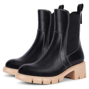 COUTGO WOMENS ANKLE BOOTS COMBAT CHELSEA CHUNKY MID HEEL ROUND TOE BOOTS FASHION - Picture 1 of 6