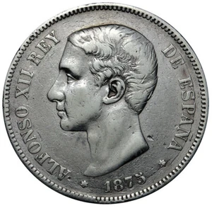 SPAGNA 5 Pesetas 1875(75) DE-M Argento 25g. VF/XF Alfonso XII - Foto 1 di 2