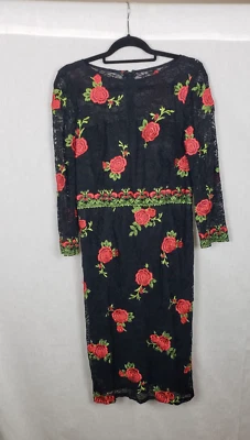 Vestido midi de encaje David Meister 14 negro bordado rosas rojas caprichoso Regencycore Foto 1 de 4