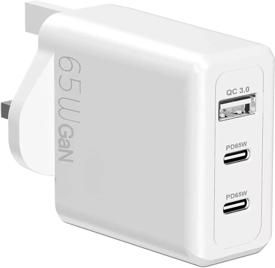 65W USB C GaN Fast Charger Plug 3-Port For iPhone Samsung MacBook iPad Pro/Air - Image 1 of 4