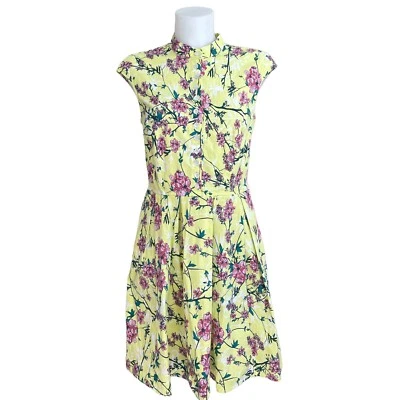 ESHAKTI yellow floral fit & flare dress, mandarin collar , cap sleeve size L 12 - Изображение 1 из 4