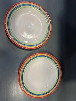 2 platos de cena Gibson pintados a mano todos los días 10 5/8" rayas arco iris Foto 1 de 3