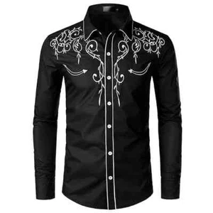 Men's Cotton Blend Embroidery Leaf Retro Western Shirt - Black - Picture 1 of 1