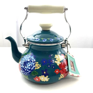 The Pioneer Woman Dazzling Dahlias Enamel Steel Teal 1.9 Quart Tea Kettle - Picture 1 of 11