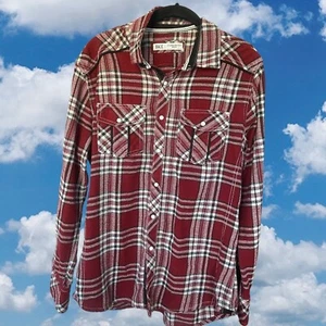 BKE Vintage Mens Medium Pearl Snap Western Shirt Red Plaid Flannel Standard Fit - Picture 1 of 6