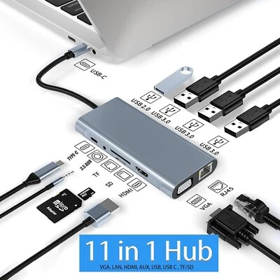 11in1 USB-C HUB Docking Station Adapter Display 4K-HDMI USB 3.0 RJ45 VGA SD Port - Bild 1 von 4