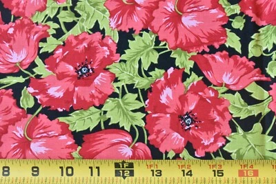 By 1/2 Yd, Red Poppies on Green & Black Quilt Cotton, Henry Glass, Finley, P8236 - Image 1 of 4