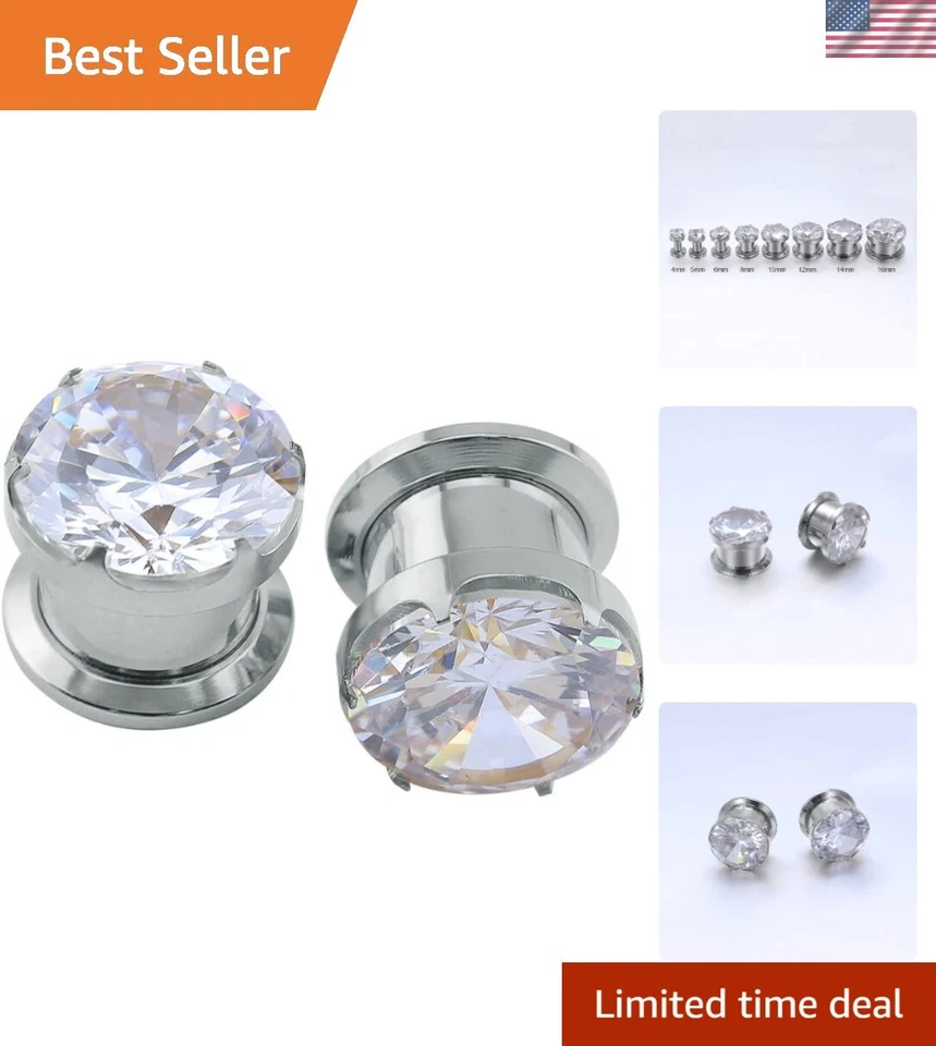 Preciosos medidores de oreja de circonita cúbica - Cómodos tapones expansores de acero inoxidable Foto 1 de 4