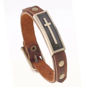 Genuine Leather Christ Cross Adjustable Bracelet - Picture 1 of 5
