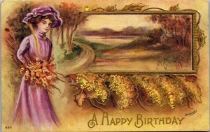 Vintage Birthday Embossed Gibson Girl in Purple Gown with Flowers Fall Colors - Picture 1 of 3