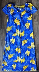 Hilo Hatties Hawaiian Floral Dress Womens Size Medium Blue & Yellow Floral Aloha - Picture 1 of 12