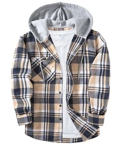 Mens Flannel Hoodie Shirt Casual Button Down Plaid Jacket Shirts Stylish Long... - Picture 1 of 7