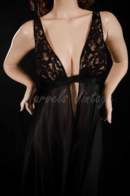 Sexy Lucie Ann of Beverly Hills Black Nightgown Rare Lace Plunging Neckline Sz36 - Image 1 of 4