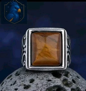 Men’s Renaissance Tiger’s Eye Ring Size 10 Bold 20mm Natural Stone Engraved - Picture 1 of 5