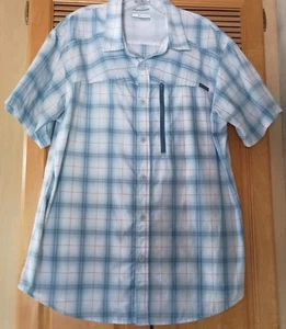 Columbia Men’s Blue Plaid Short Sleeve Vented Button Up Cotton Shirt Fishing L - Picture 1 of 4