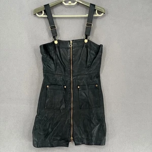 Alice McCall Dress Womens 8 Black Gold Leather Mini Dungaree Pockets Mini Zip - Foto 1 di 13