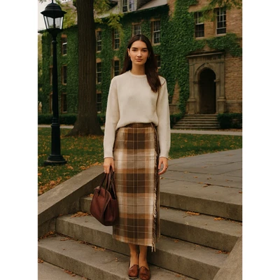 Talbots Lambswool Wrap Blanket Skirt with Fringe Womens Sz 10 Earthy Plaid Maxi - Image 1 of 4