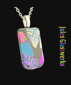 Hand Crafted Dichroic Fused Glass Pendant Necklace W/ Chain #1155 - Picture 1 of 4