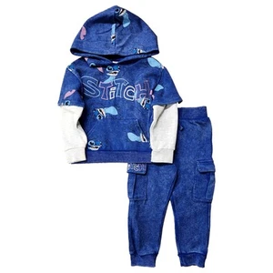 Disney Boys Blue Long Sleeve Stitch Hooded Sweatshirt & Pants Outfit Set - Picture 1 of 2