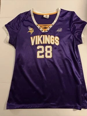 Camiseta para mujer Minnesota Vikings #28 púrpura grande S/S satinada Adrian Peterson Foto 1 de 4