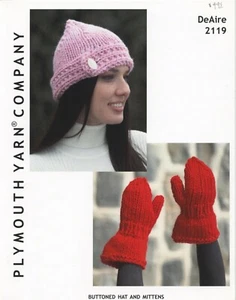 Plymouth Yarn Knitting Pattern 2119 Adult Buttoned Hat & Mittens Set - Picture 1 of 2