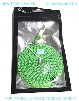 10FT LONG Flat Braided Fabric data USB Charger Cable for IPHONE X 8 7 6 PLUS 5S - Image 1 of 4