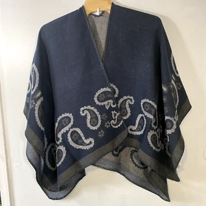 Urban Coco Women Knitted Open Poncho Cape Blanket Ladies Navy Warm Wrap Shawl - Picture 1 of 6