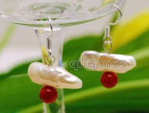 15-25mm Natural FW Biwa Pink Pearl Earring for Women & Red Coral Dangle Earring - Picture 1 of 6