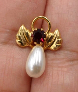 Vintage Angel Tie Tack Clutch Pin Teardrop Faux Pearl Body Leaf Wings Rhinestone - Picture 1 of 5