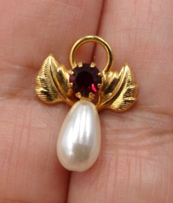 Vintage Angel Tie Tack Clutch Pin Teardrop Faux Pearl Body Leaf Wings Rhinestone - Image 1 of 4