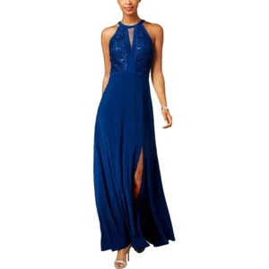 NW Nightway Halter Maxi Dress Sequin Lace Slit Formal Blue Size 10P - Picture 1 of 6