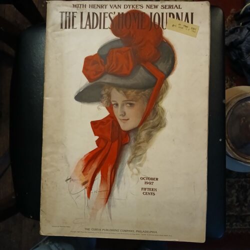 Ladies Home Journal Oct. 1907 Harrison Fisher Red Hat Girl Cover. Advertising.
