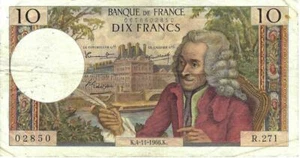 10 Francs Banknote with a rendering of Voltaire - Printed on 4 November 1966 - Picture 1 of 2