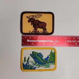 Lot Of 70s Moose And Fish Nature Hunt Sportsman Embroidered Sew-on Patch Badge - Picture 1 of 2