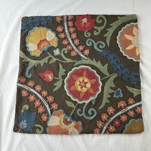 Pottery Barn Brown Floral Boho Embroidered Accent Pillow Cushion Cover 20 x 20 - Picture 1 of 10