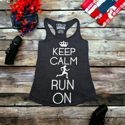 Camiseta sin mangas CHIN UP APPAREL talla XS “Keep Calm Run On” espalda deportiva novedad atletismo Foto 1 de 4