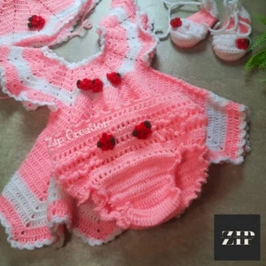 100% Handmade crochet baby girl pink & white dress set for party, wedding,outfit - Picture 1 of 4