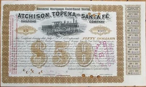 Certificado de bonos de oro Atchison Topeka y Santa Fe Railroad 1894, KS Kansas 50 - Imagen 1 de 1