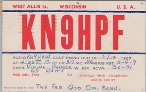 amateur ham radio QSL postcard KN9HPF Ronald Anderson 1957 West Allis Wisconsin - Bild 1 von 1