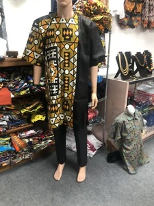 Dashiki African Ankara Kente Men 2 Pieces Set Pants Suit Short Sleeve Top - Picture 1 of 4