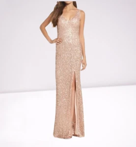 Mac Duggal Sequin V Neck Fishtail GOWN with High Slit Size 0 Rose Gold I6 - Picture 1 of 2