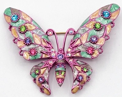 JOAN RIVERS 粉色 PASTEL 彩色珐琅和水晶蝴蝶胸针 签名 — 第 1/3 张图片