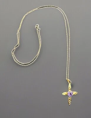 Vintage 10K Solid Yellow Gold Amethyst Diamond Cross Pendant Chain - Image 1 of 4