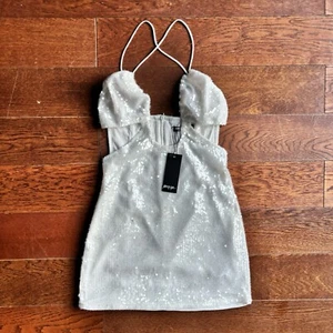Nasty Gal Sequin Bodycon Mini Dress Sz 2 White Strappy Deep V Neck Side Cut Out - Picture 1 of 14