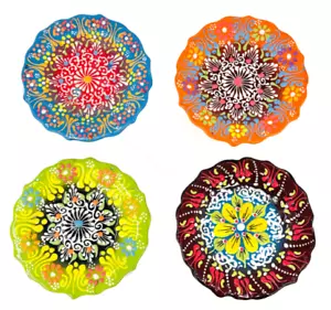6" Turkish Handmade Hand Painted Ceramic Plate Floral Pattern Plate 4 Pieces Set - Picture 1 of 5