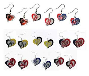 MLB Swirl Heart Team Dangle Earrings - Pick Your Team - Picture 1 of 22
