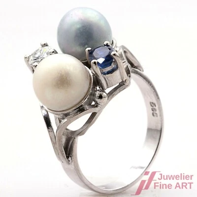 Ring 585 Weißgold mit Zuchtperlen Saphir & Diamant - Bild 1 von 3