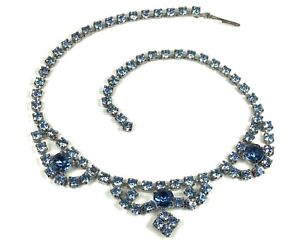 Silver Tone Costume Choker Necklace w/ Light Blue Crystal Rhinestones, 15” Long